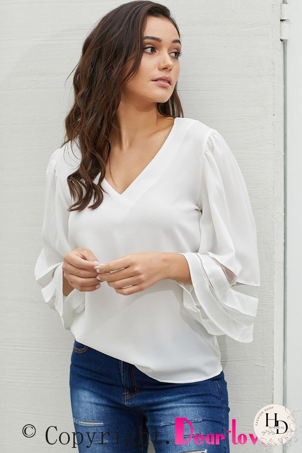 White Flare Sleeve V Neck Sheer Insert Blouse