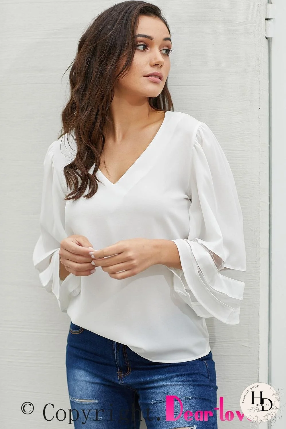 White Flare Sleeve V Neck Sheer Insert Blouse