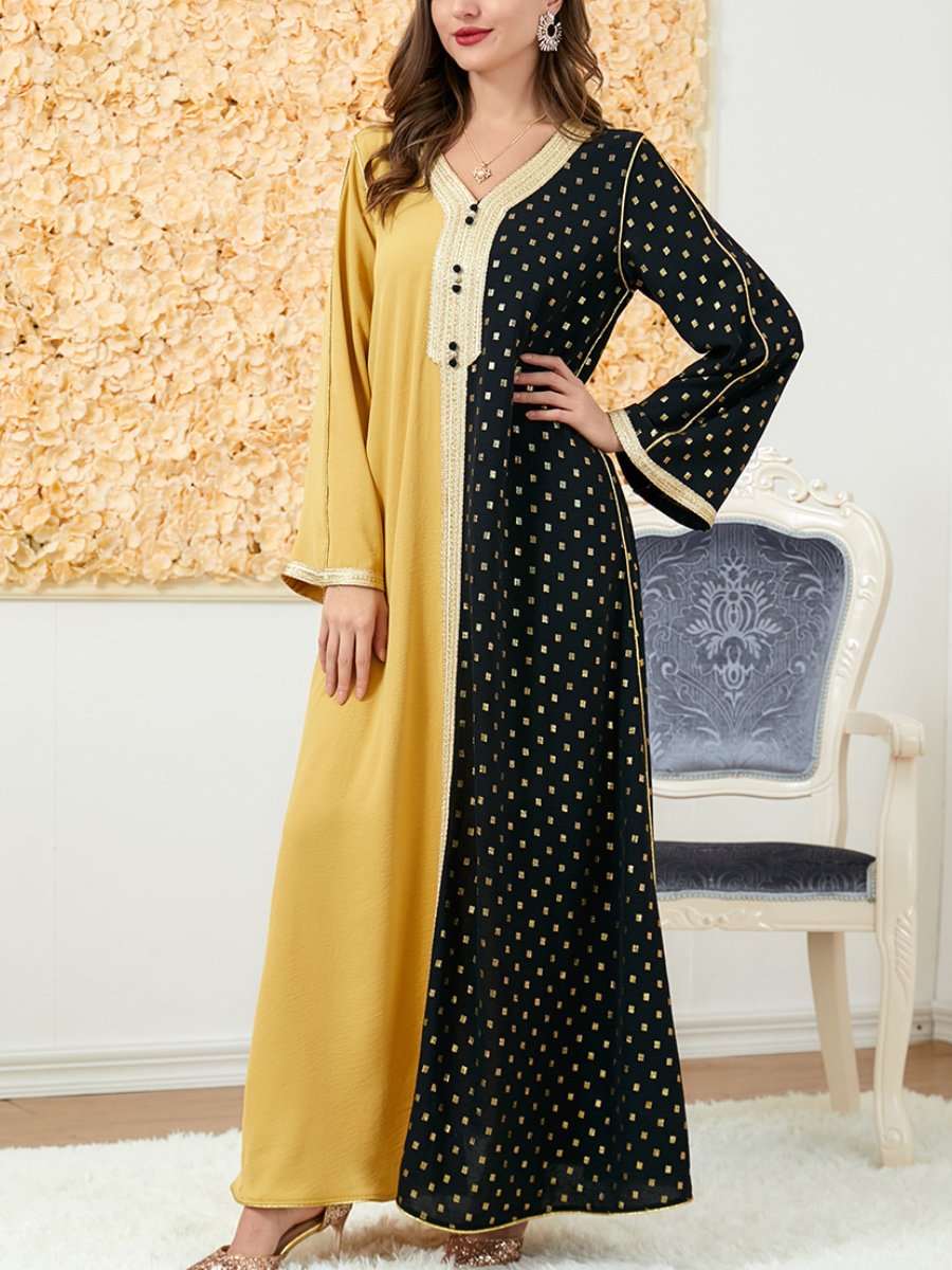 Yellow & Polka Dot Color Contrast V Neck Long Sleeve Dress | Oxredo Shop Ramadan Sale