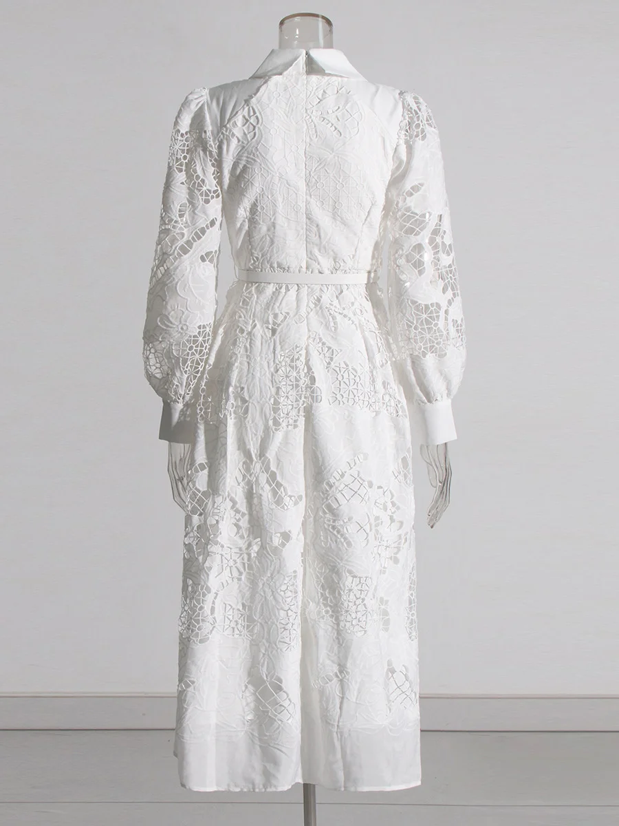 Uaang Vintage Wind 2025 Summer New Clip Long Lantern Sleeves Medium Embroidery Empty Solid Color Dress Woman