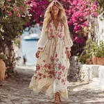 Women's Bohemian Pink Rose Embroidered V-neck Long Sleeve Dress - Image 2