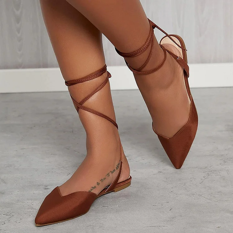Brown Pointed Toe Flats Women's Satin Pump Wrap Shoes |FSJ Shoes