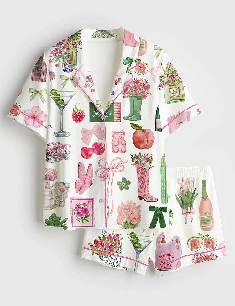 Women&rsquo;s Wedding Icons Champagne Wedding Pink Travel Espresso Martini Aperol Spritz Trio Cowboy Boots Short Sleeve Satin Pajama Set