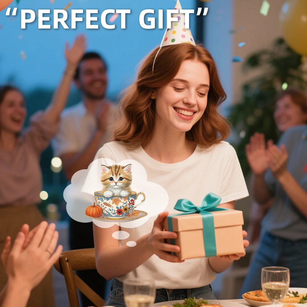 2D Flat Cat DIY Shaking Head Teacup Cat Diamond Painting Desktop Decorations