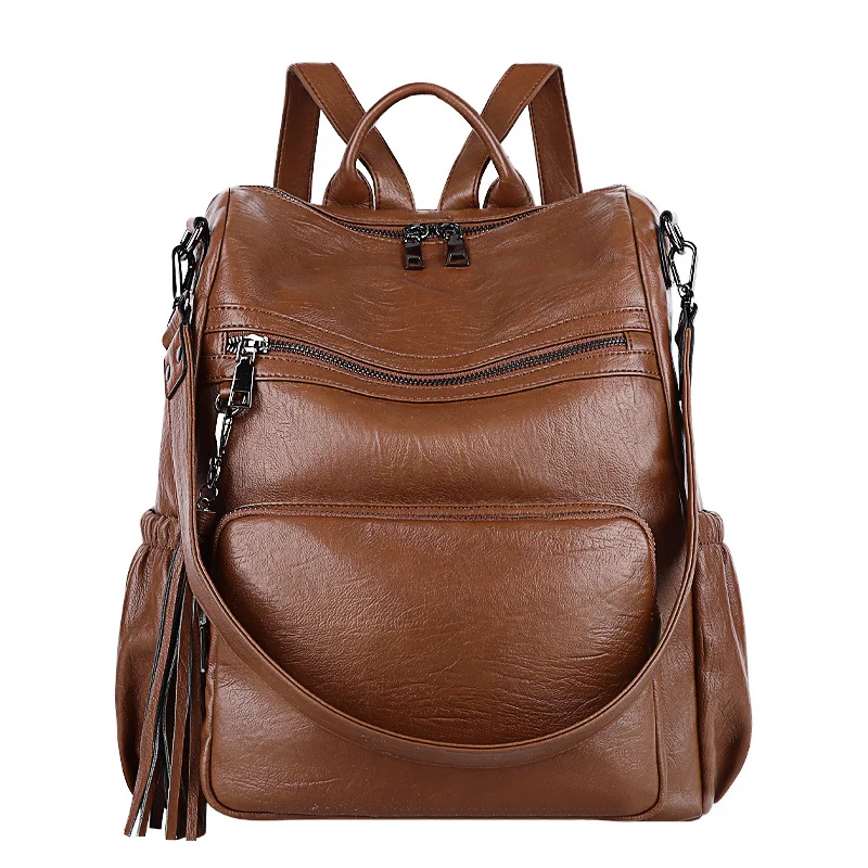Women Backpack Purse PU Washed Leather Convertible Ladies Rucksack Tassel Zipper Pocket Shoulder Bag