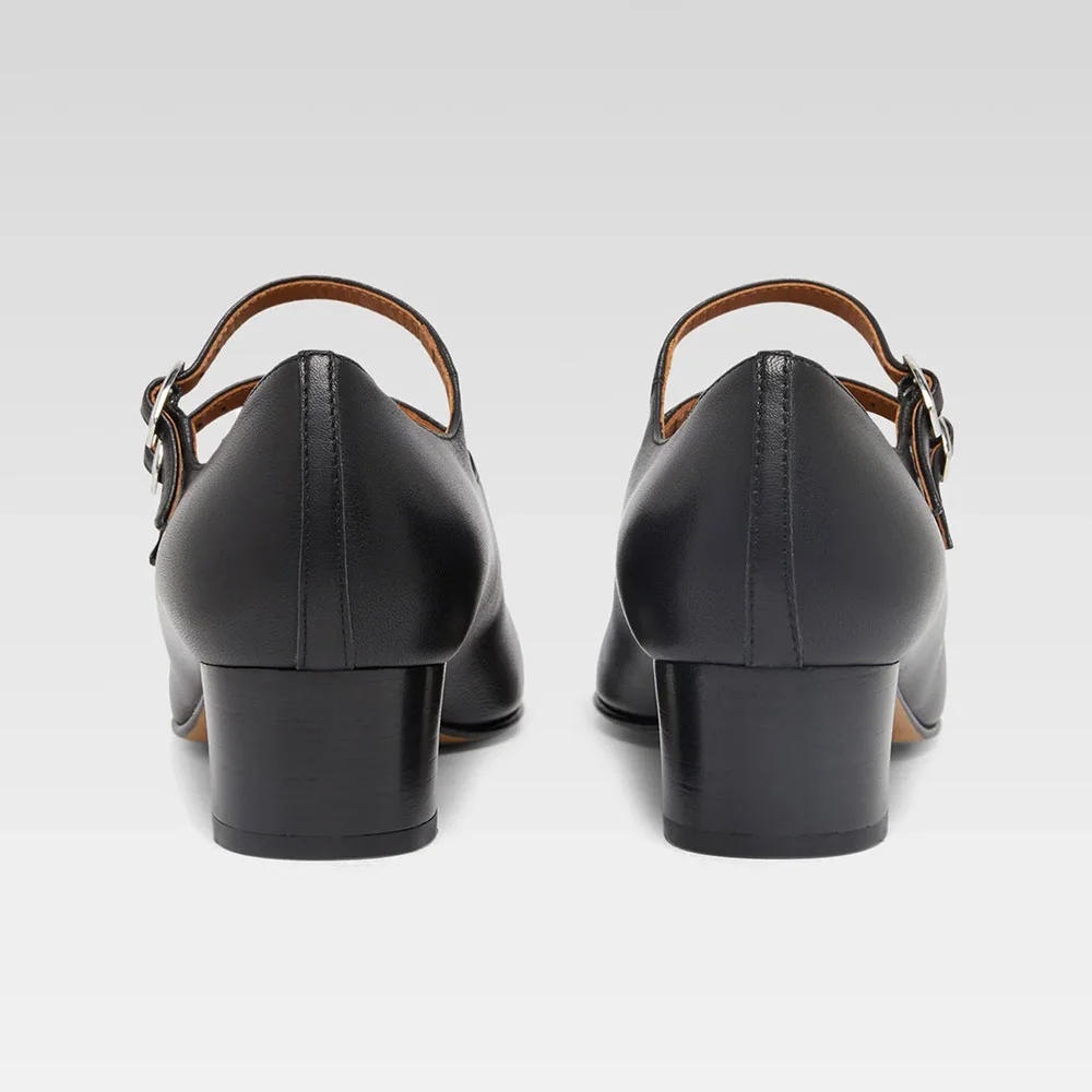 Black Vegan Leather Square Toe Low Heel Women Mary Jane Shoes