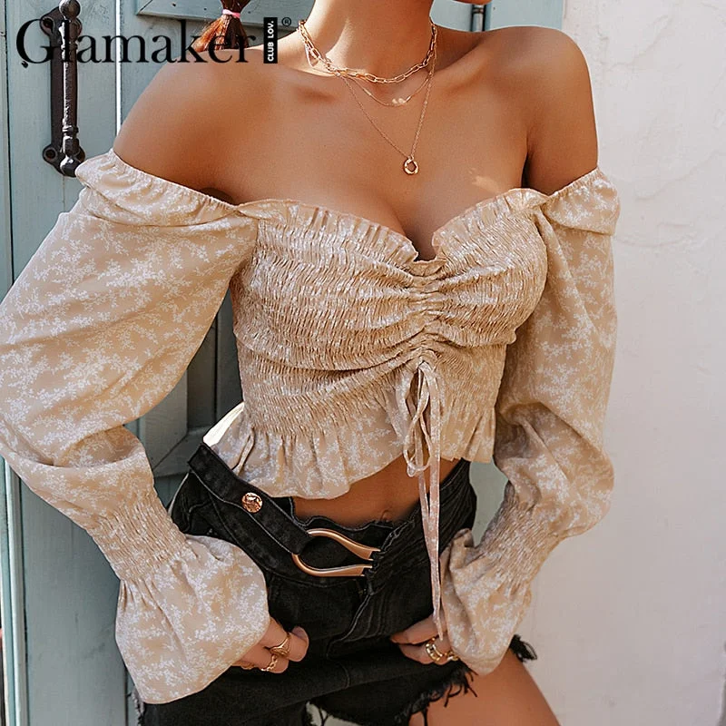 Glamaker Sexy off shoulder floral printed crop top Summer slim women fashion ruffles Chiffon blouse Pleated spring top 2021 new