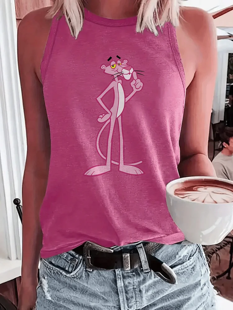 Lightweight, Breathable Women's Pink Cartoon Cat Print Tank Top | Sleeveless, Loose, Round Neck Vest For Spring/Summer Casual Wear