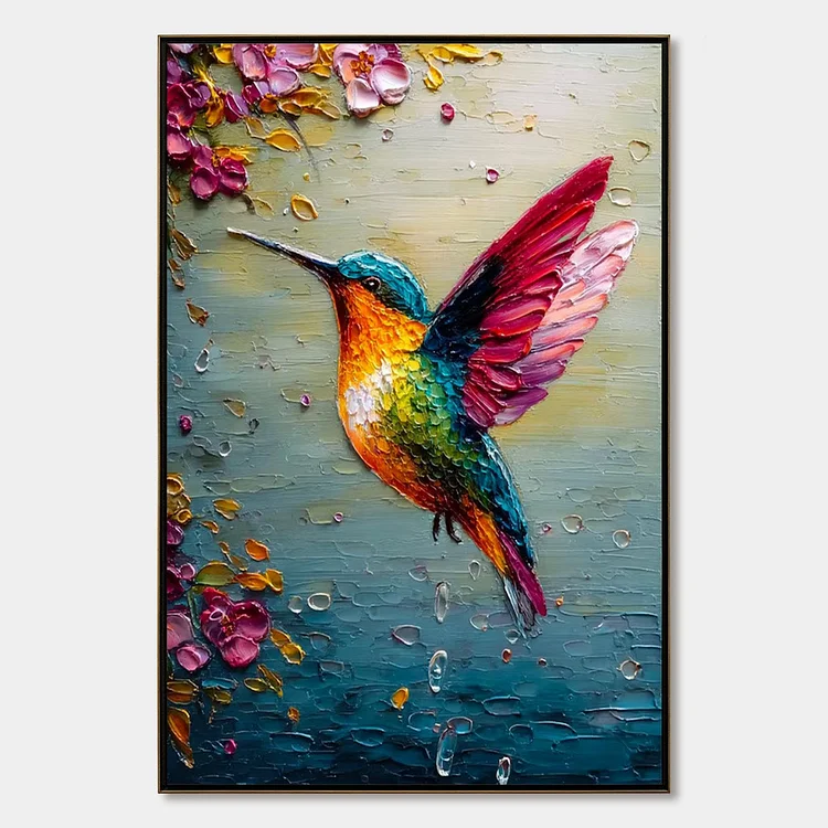 NECTAR FLIGHT: Vibrant Impressionist Hummingbird Floral Oil Painting（Canvas painting）