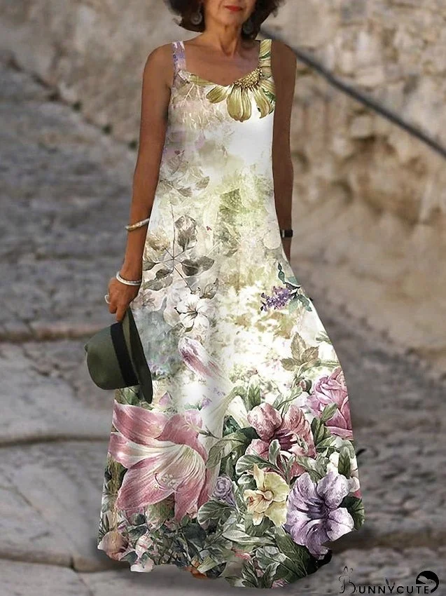 Long Dress Maxi Dress Casual Dress A Line Dress Summer Dress Floral Fashion Streetwear Daily Date Going out Print Sleeveless Strap Dress Regular Fit White Green Summer Spring S M L XL XXL for Women