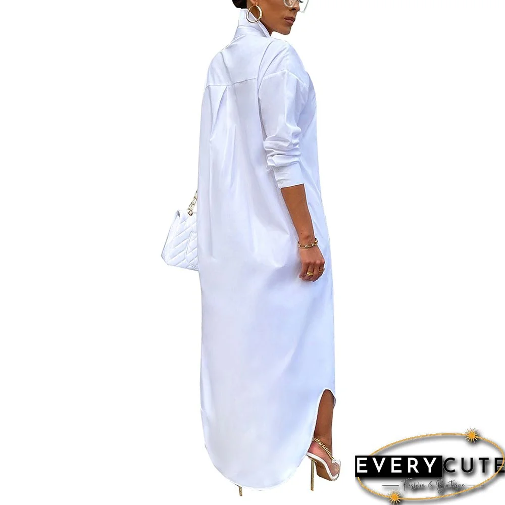White Long Sleeve Buttoned Maxi Shirt Dress