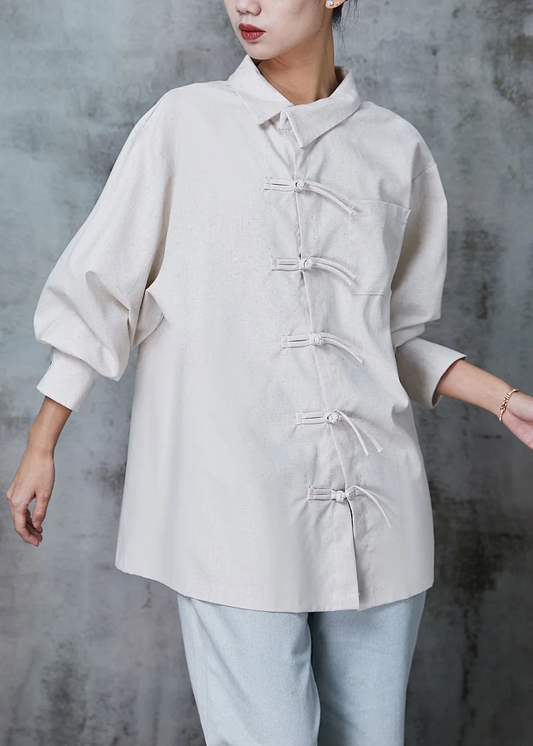Vintage Beige Oversized Chinese Button Cotton Shirt Top Spring