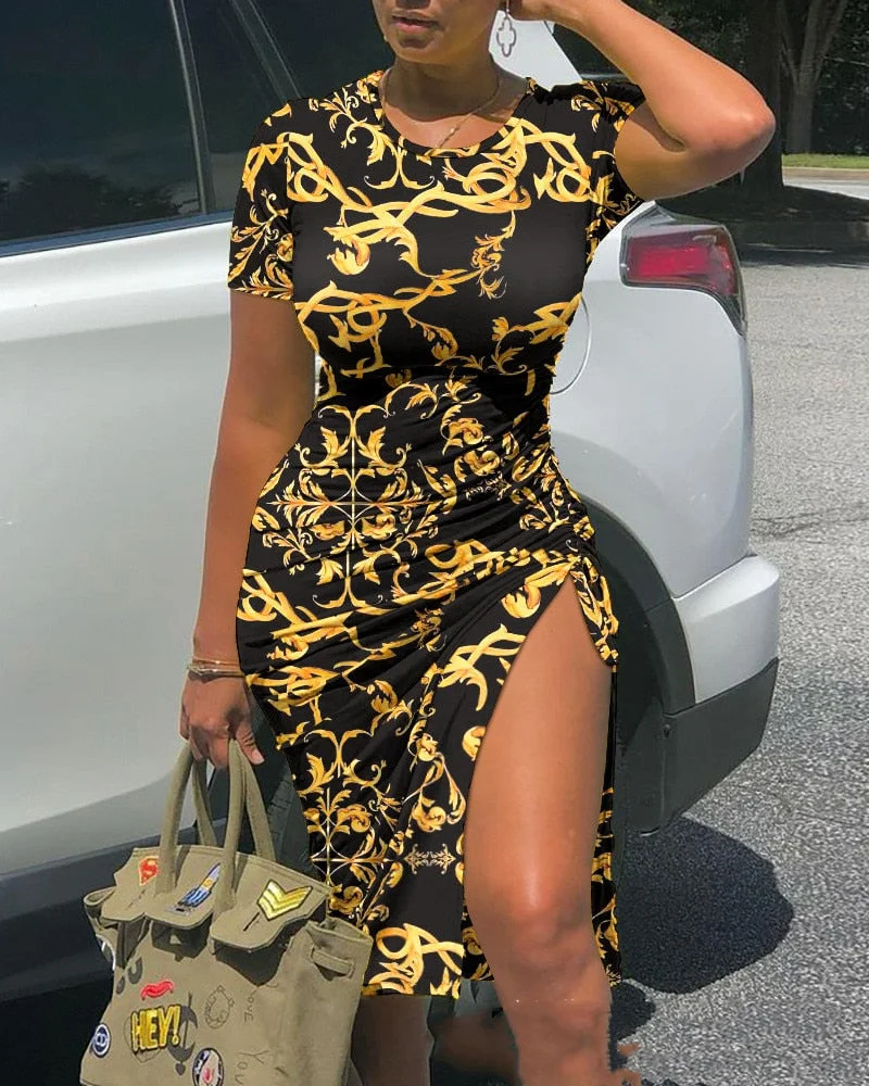 Summer Drawstring Dress Women Fashion Print V-neck Short-sleeved Drawstring Tight Tshirt Dress Women