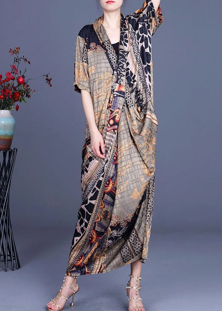 Boutique Khaki Print Overlapping asymmetrical design Silk Summer Maxi Dress