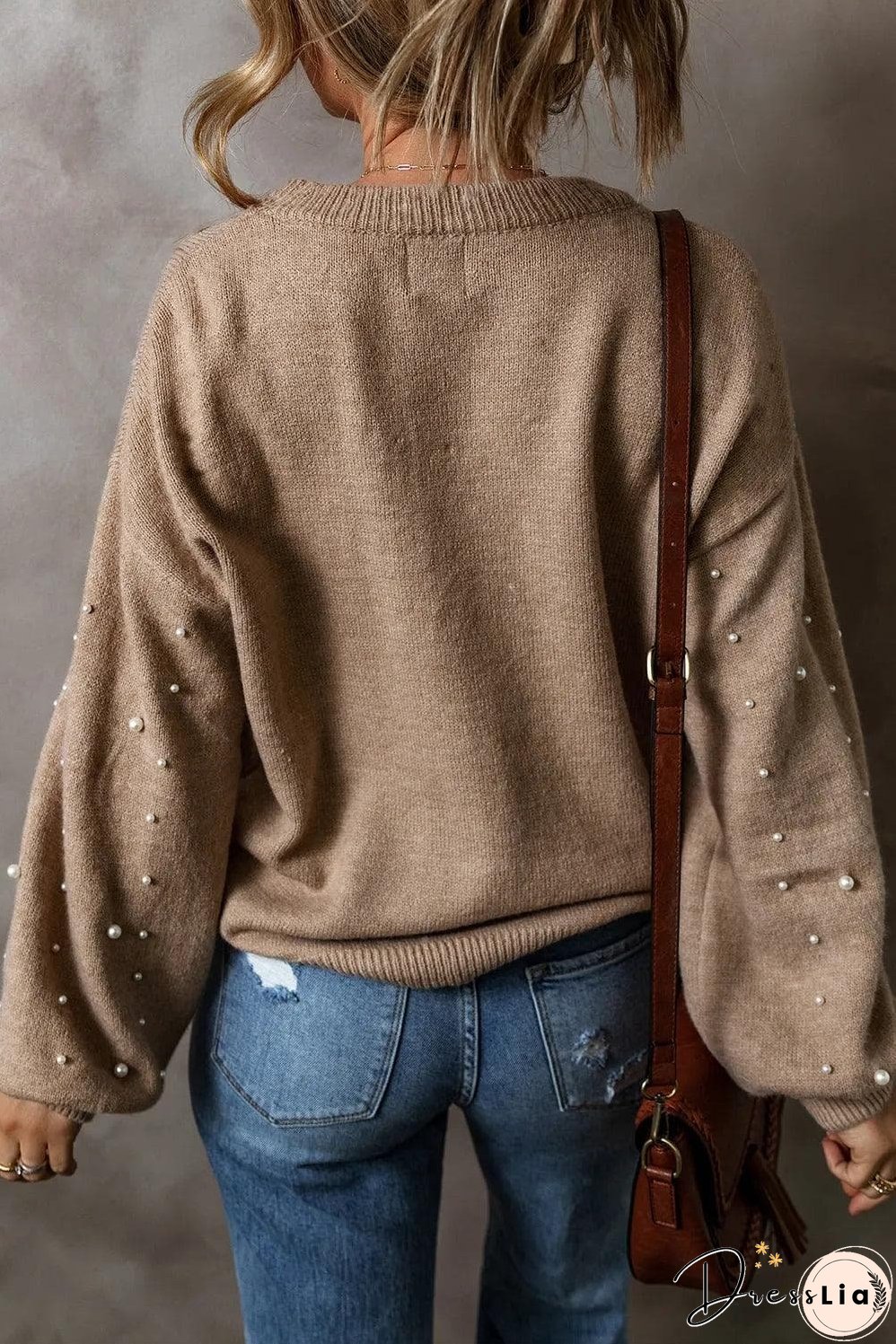 Smoke Gray Pearled Drop Shoulder Round Neck Sweater