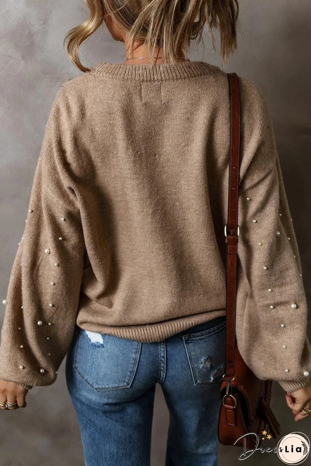 Smoke Gray Pearled Drop Shoulder Round Neck Sweater