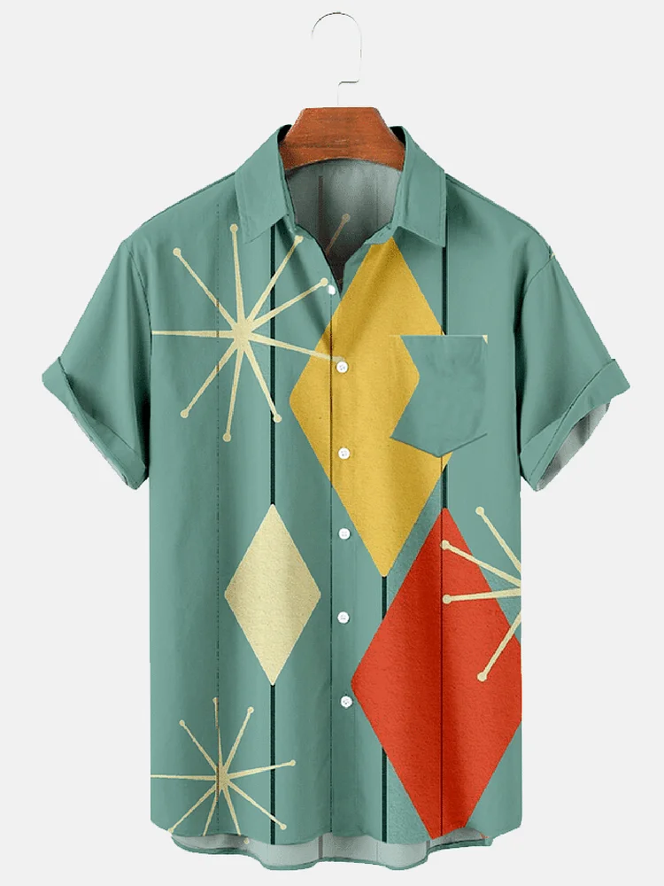 Hawaiian Retro Geometric Abstract Elements Men's Casual Short-Sleeved Shirt at Hiphopee