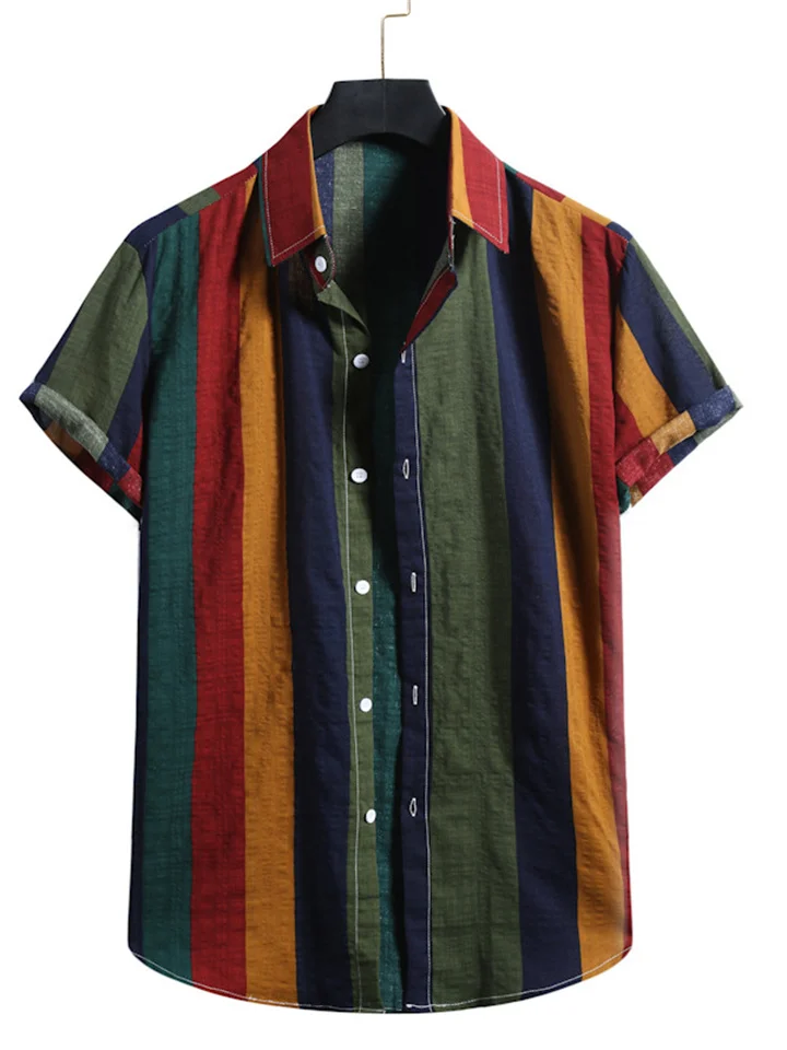 Men's Shirt Striped Collar Street Daily Button-Down Short Sleeve Tops Cotton Casual Hawaiian Comfortable Green-Mixcun