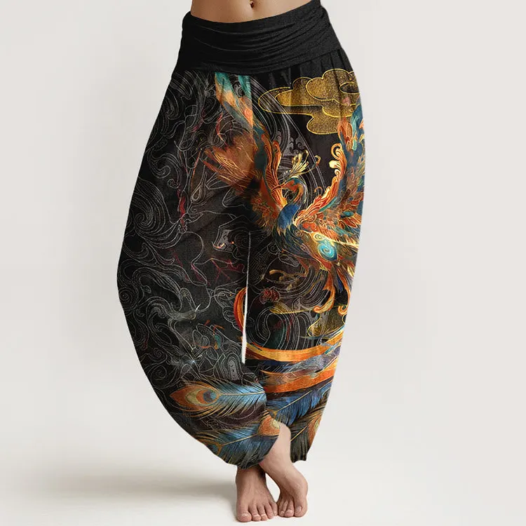 Pure Cotton Gorgeous Flying Phoenix Cloud Pattern Women's Elastic Waist Harem Pants
