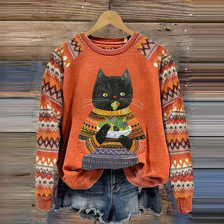 Pumpkin Fall Cat Printed Women's Sweatshirt
