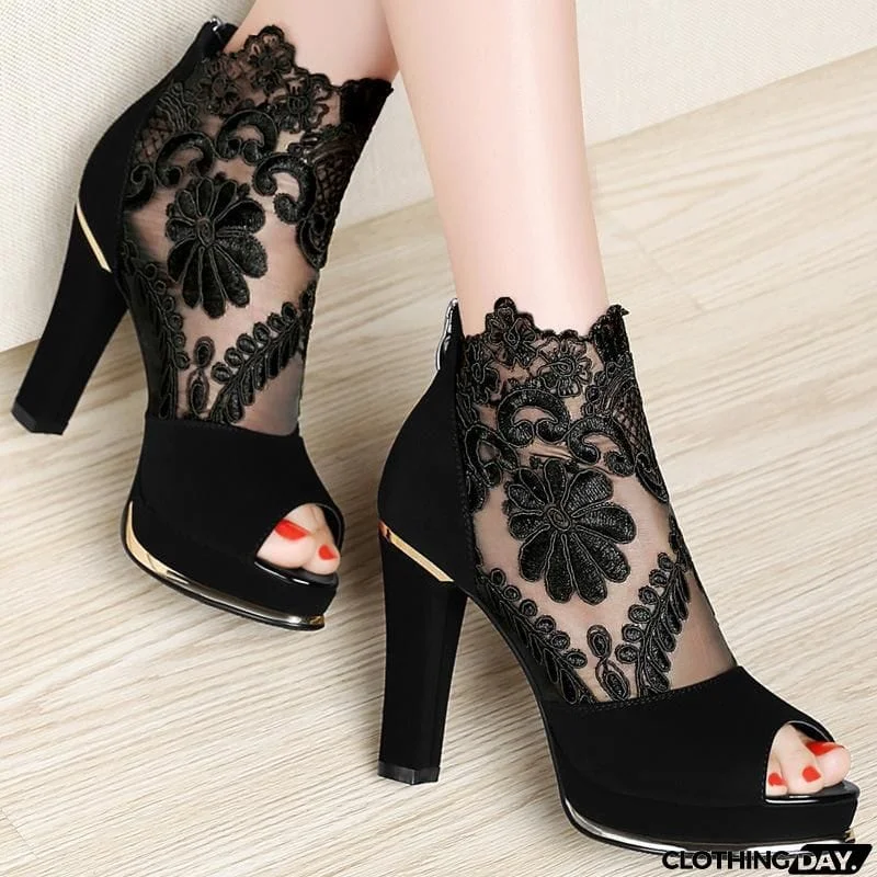 Women's High Quality Sexy Lace Dress High Heel Sandals Shoes