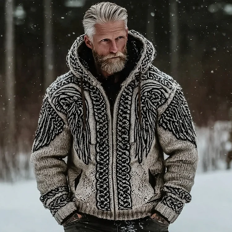 Men's Viking Celtic Wings Full Zip Chunky Knit Hoodie