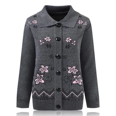 Women Knit Sweater Cardigan Jacket New Middle-aged Clothes Autumn Coat Lapel Single-breasted Long sleeve Sweater Female Tops 889