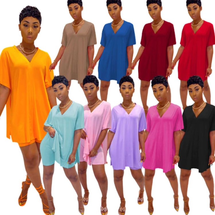 🔥Last Day Promotion🔥💃💃Soft Comfortable V-Neck Dress & Shorts Two-piece Set