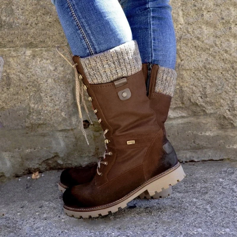 Women Mid-Calf Boots Round Toe Low-Heeled Non-Slip Boots Knitted Patchwork Side Zipper Lace-Up Female Motorcycle Boots