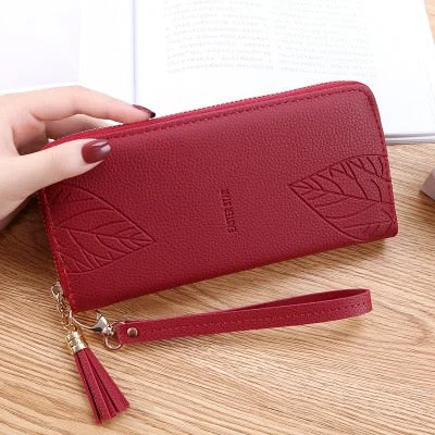 Womens Wallets and Purses PU Leather Wallet Female Wristband Leaf Print Long Women Purse Large Capacity Bag Women Wallet