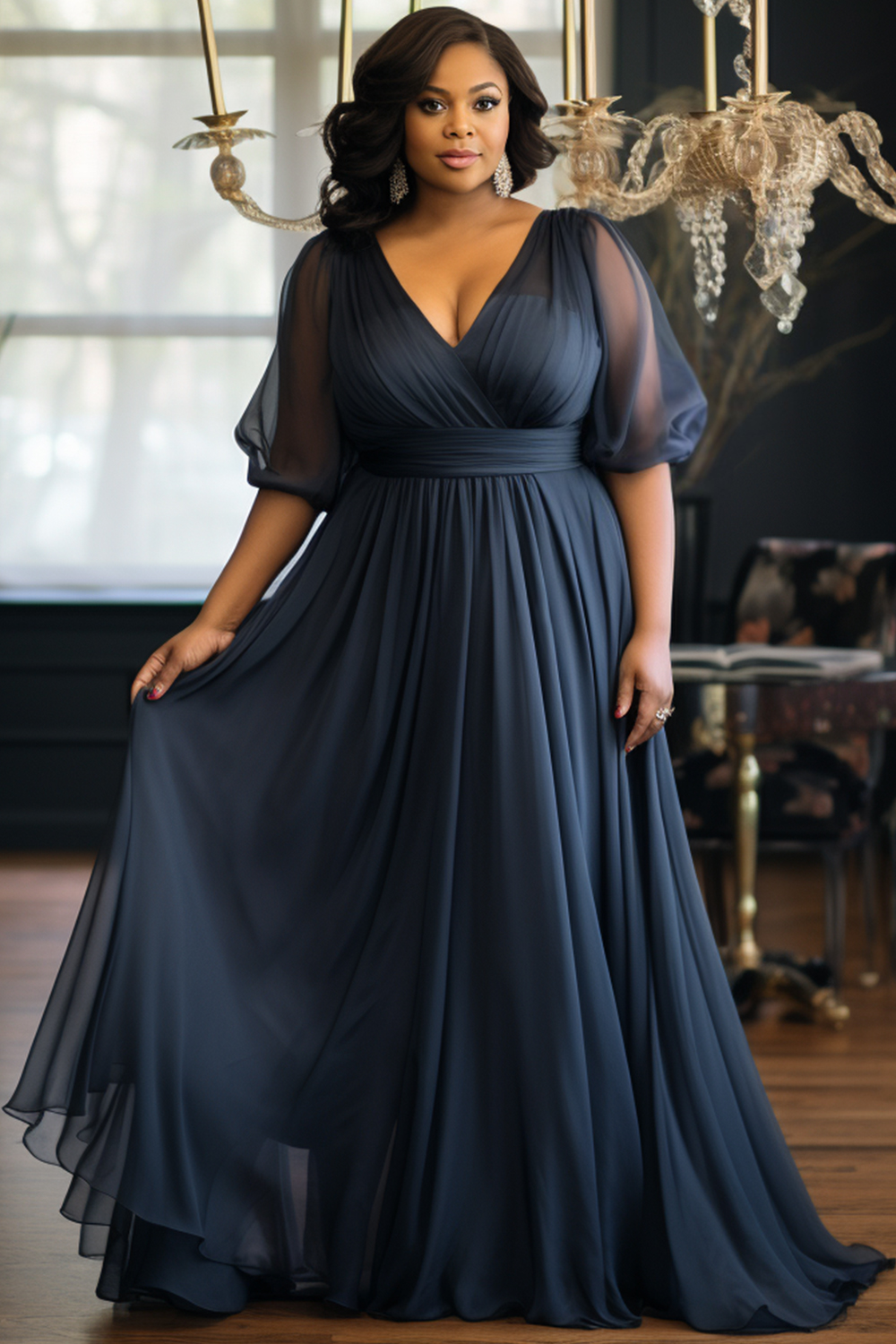 Flycurvy Plus Size Mother Of The Bride Navy Blue Chiffon Wrap Puff Sleeve Maxi Dress 2024 - Flycurvy 
