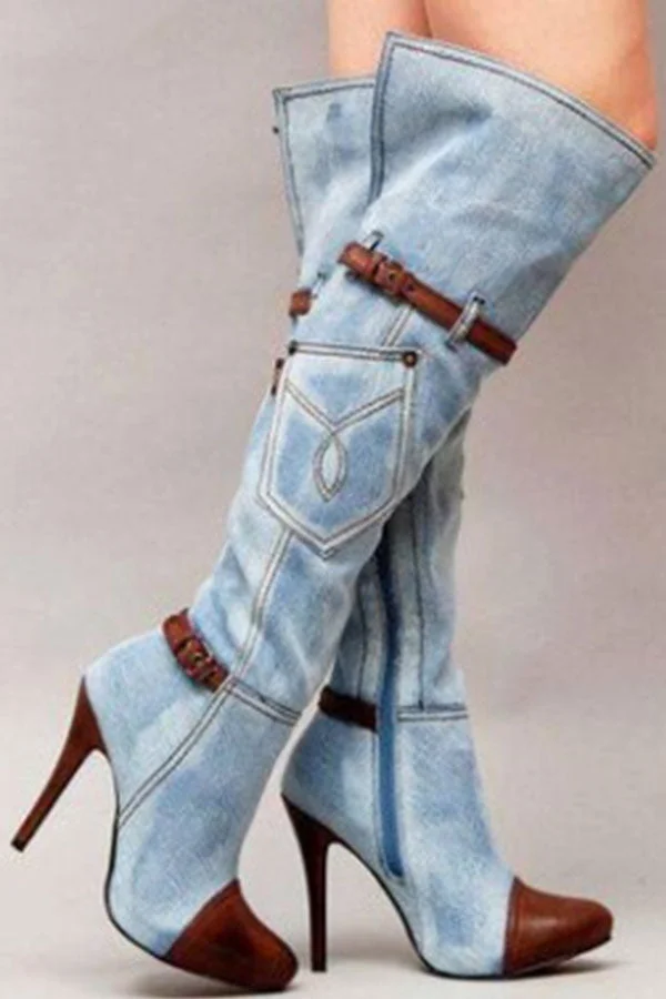 Denim Patchwork Funky Buckled Boots