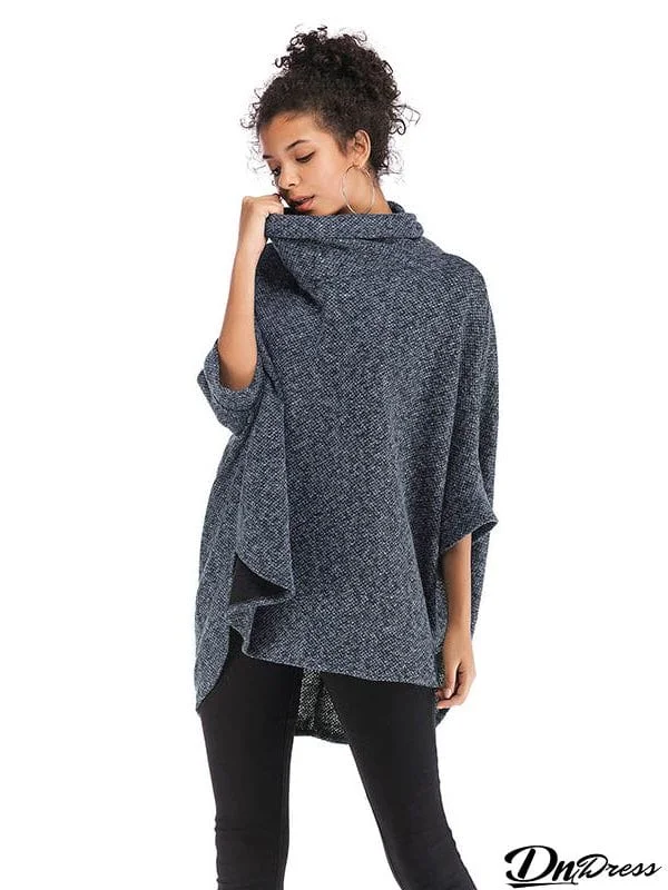 Casual Loose Half Sleeves Solid Color High-Neck Sweater Tops