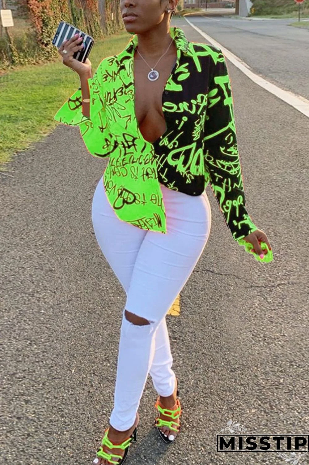 Yellow Sexy Graffiti Print Long Sleeve V-Neck Shirt