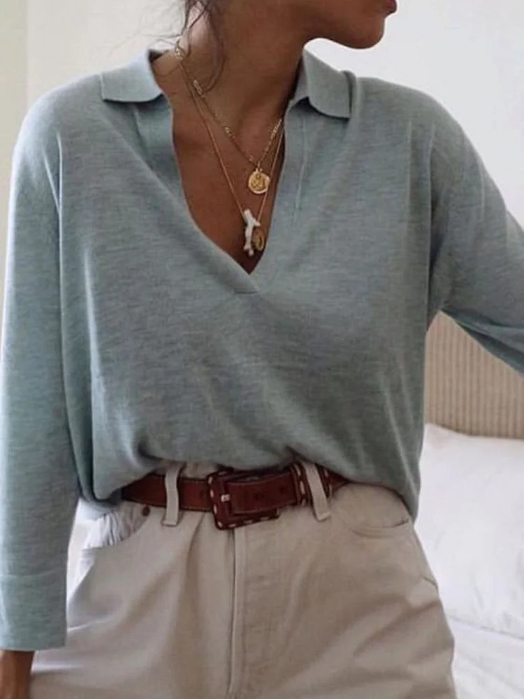 Long Sleeve Solid Cotton Shirt Collar Top