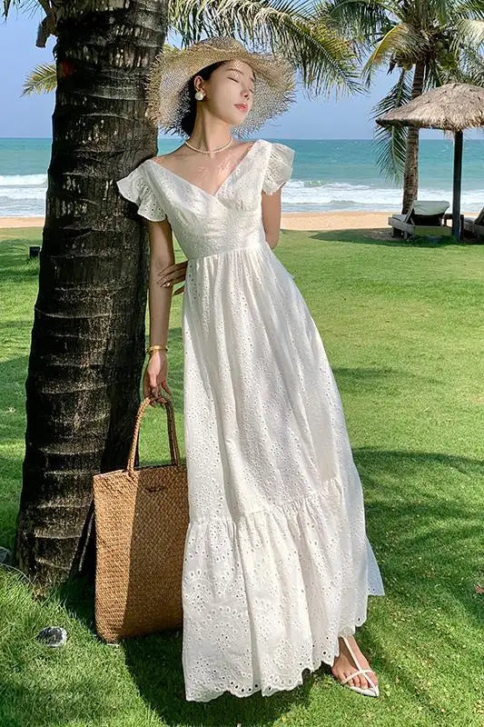 Aiertu Women White V-neck Backless Bandage Evening Party Dress Fashion New Hollow Out Long Sleeve Elegant Slim A-line Sundress Vestidos Aiertu