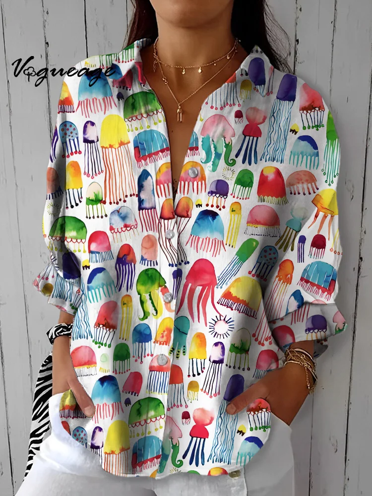 Colorful Plant Jellyfish Lantern Sleeves Printed Cotton And Linen Shirt