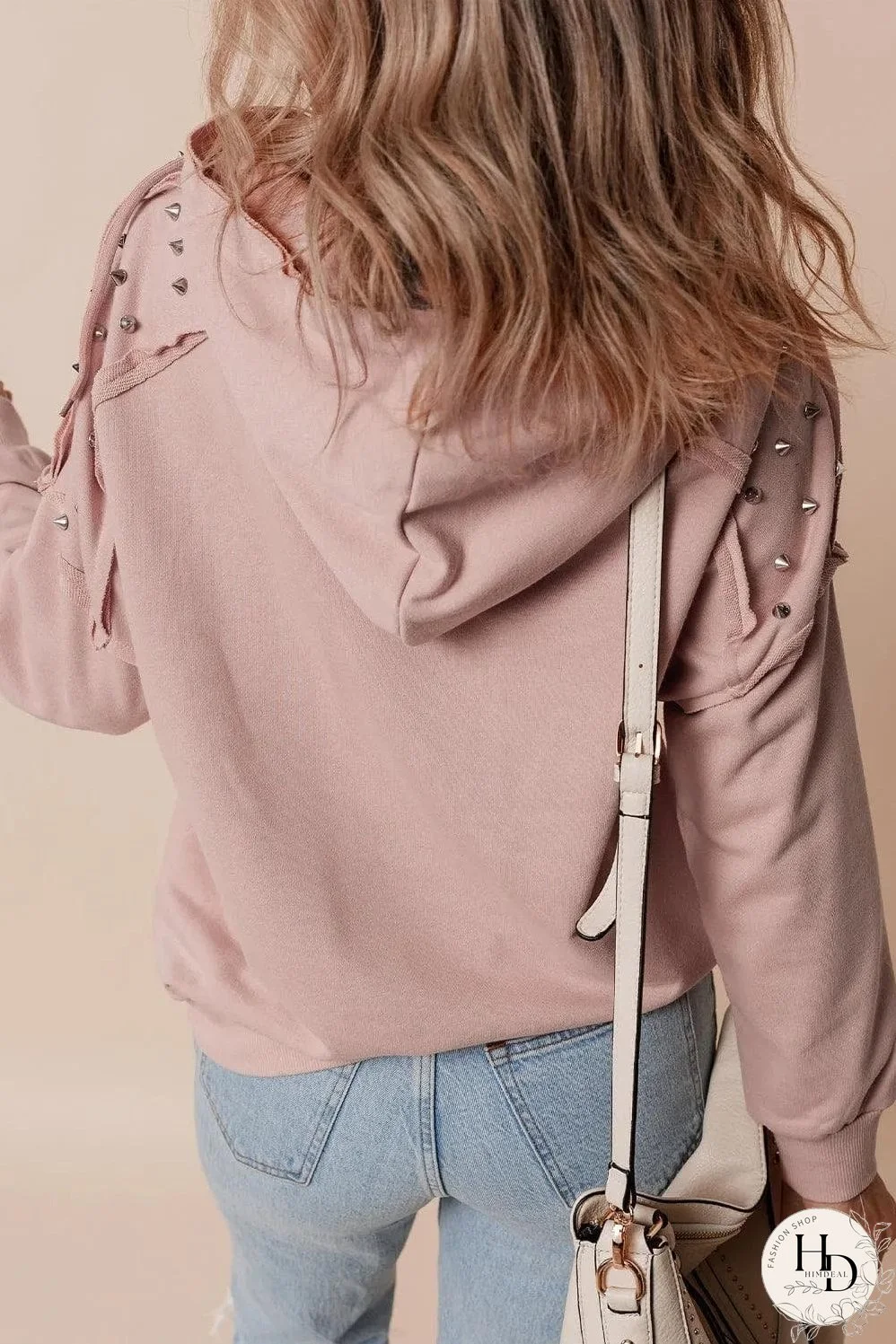 Fushia Solid Color Rivet Stud Raglan Sleeve Hoodie with Pocket