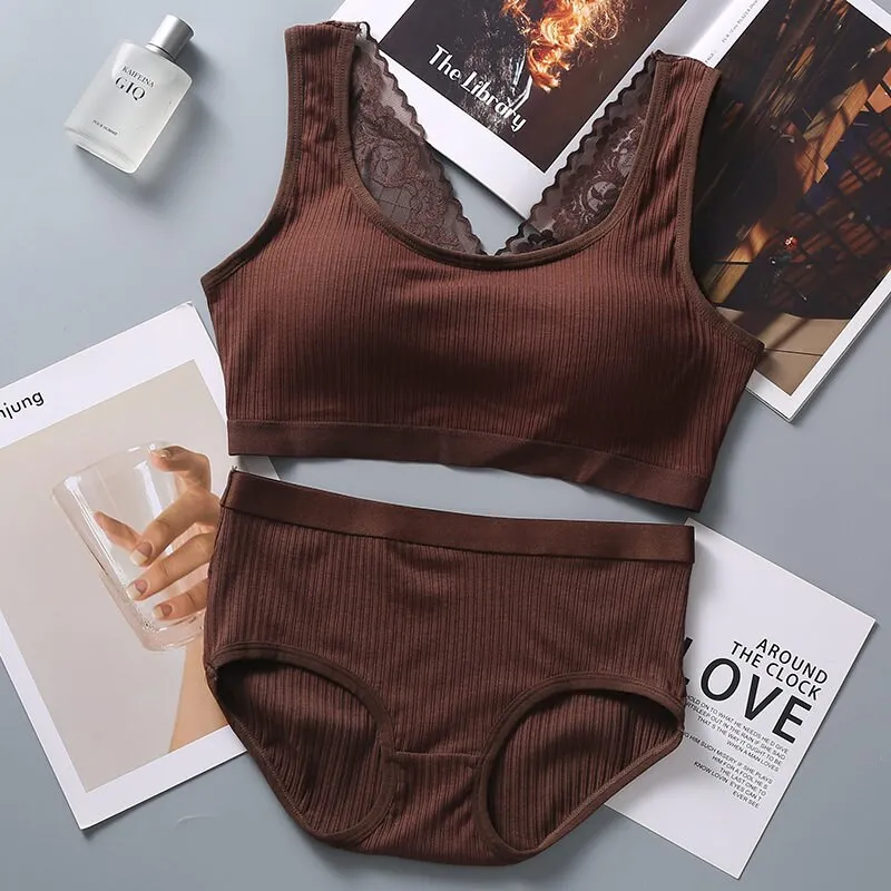 Billionm Large Size Bra&beiefs Set for Women Wireless Padded Underwear Suit Lace Striped Seamless Lingerie Set New