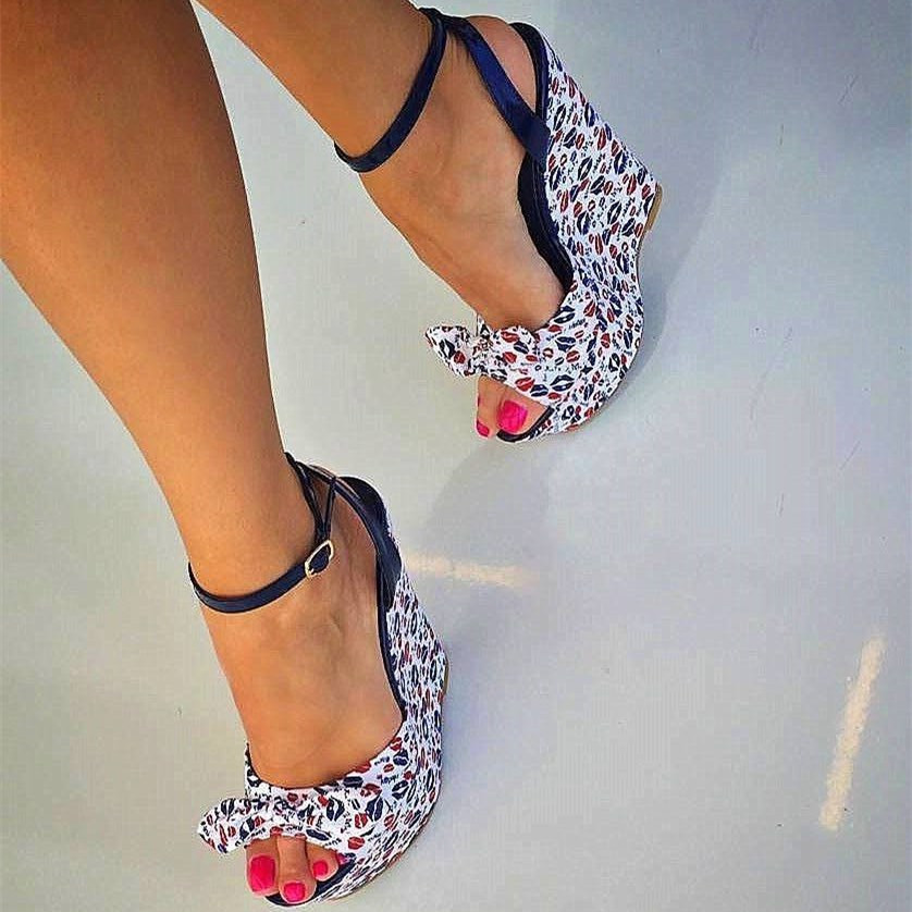 GOOSHOE Floral Wedge Platform Peep Toe Ankle Strap Sandals