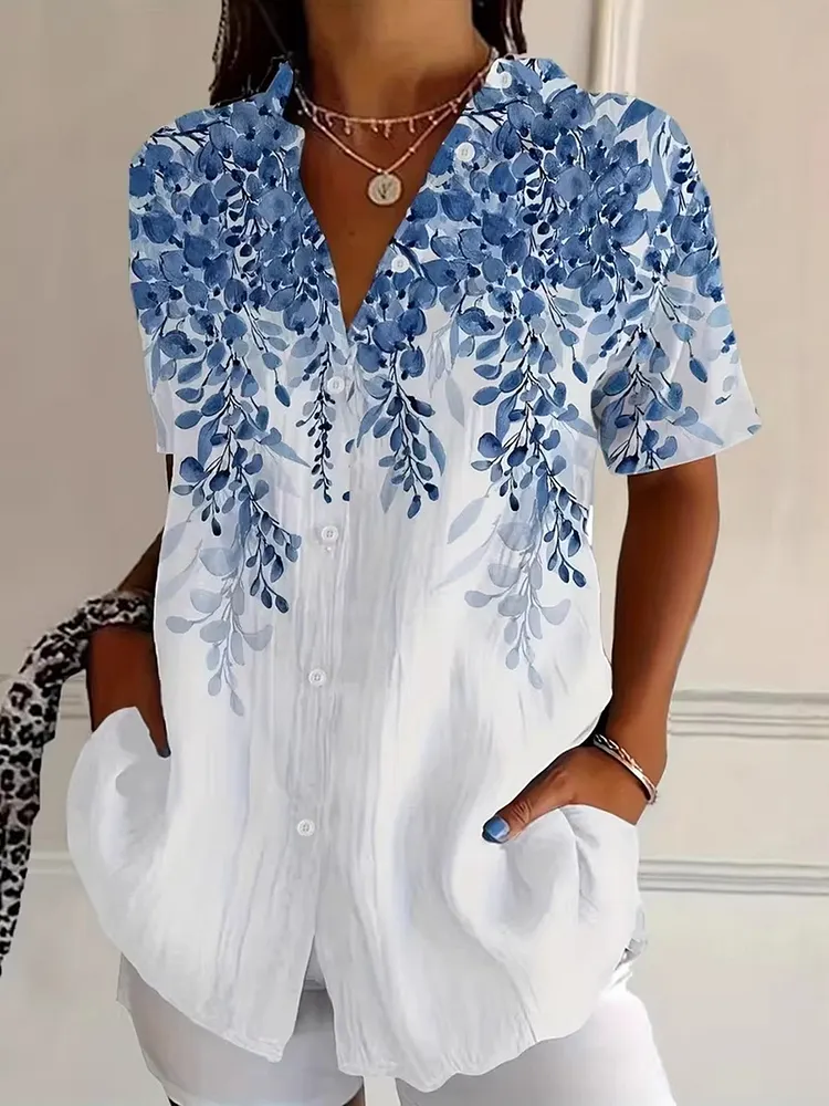 Buttoned Contrast Color Flower Print Loose Plus Size Lapel Blouses&Shirts Tops