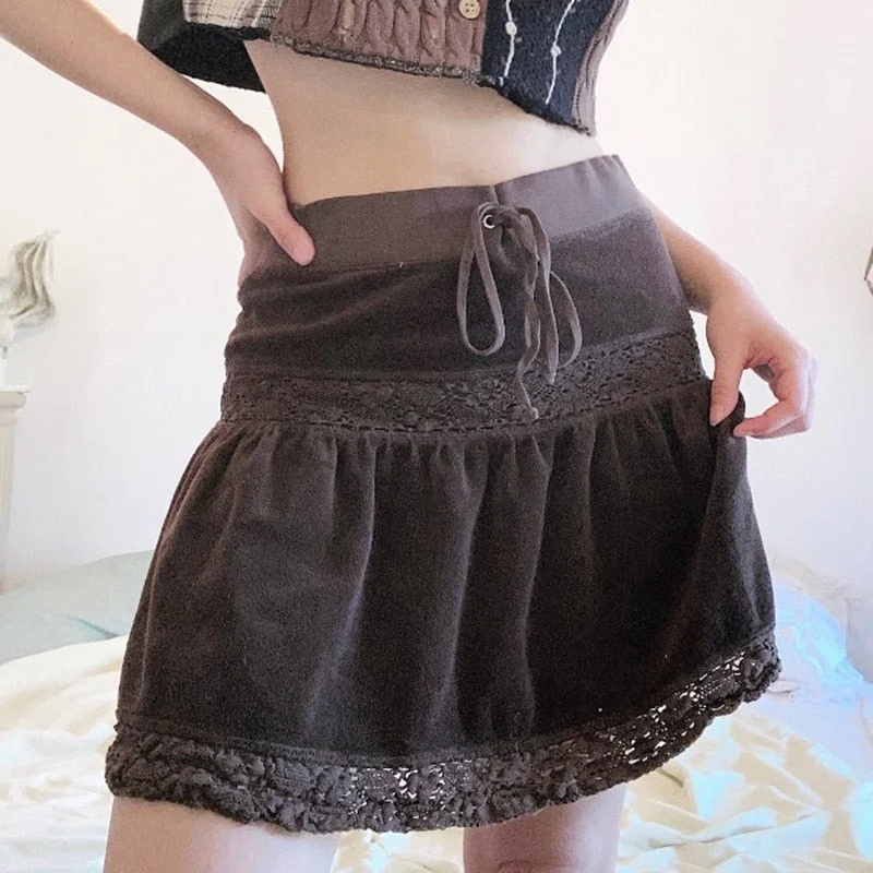 Graduation Gifts  Y2k Fashion Mini Skirt, Solid Color Lace Trim High Waist Skirt with Drawstring for Women Vintage A-line Skirts Korean