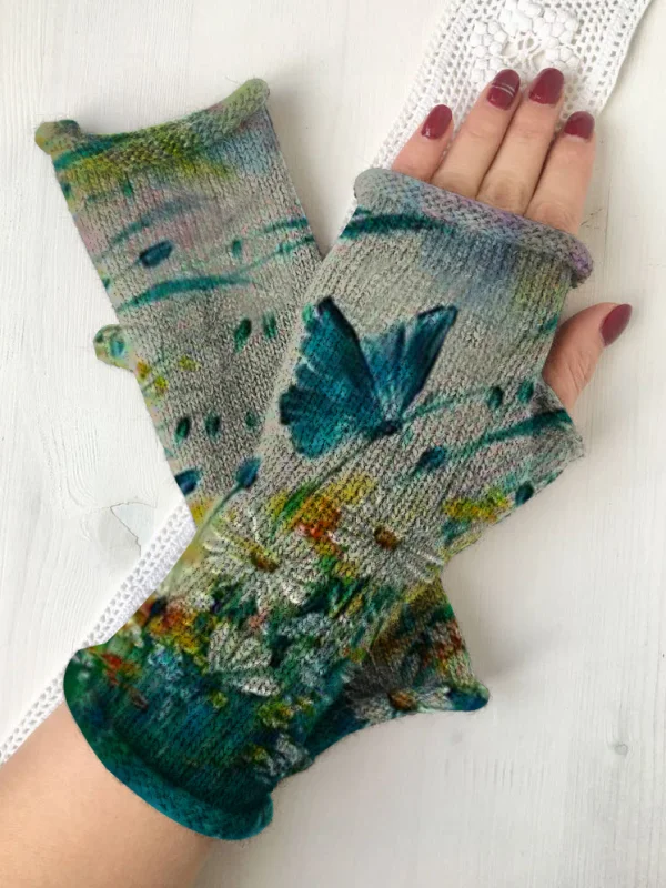 Butterfly floral retro knit fingerless gloves