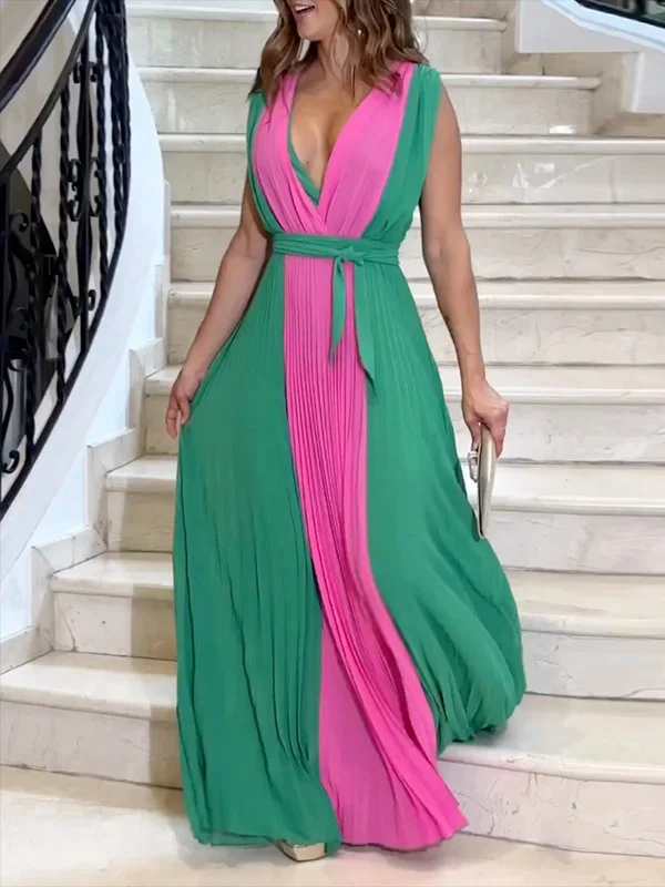 Contrast Color Pleated Sleeveless V-neck Maxi Dresses