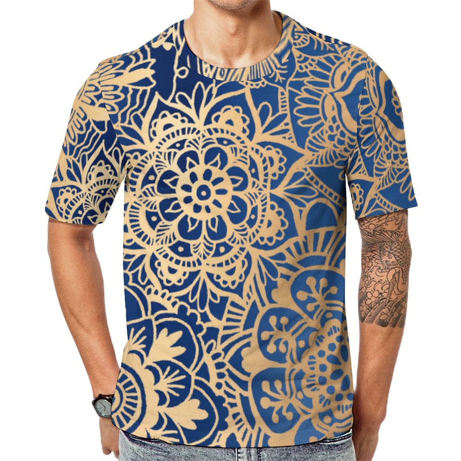 Elegant Blue Gold Mandala Short Sleeve Print Unisex Tshirt Summer Casual Tees for Men and Women Coolcoshirts