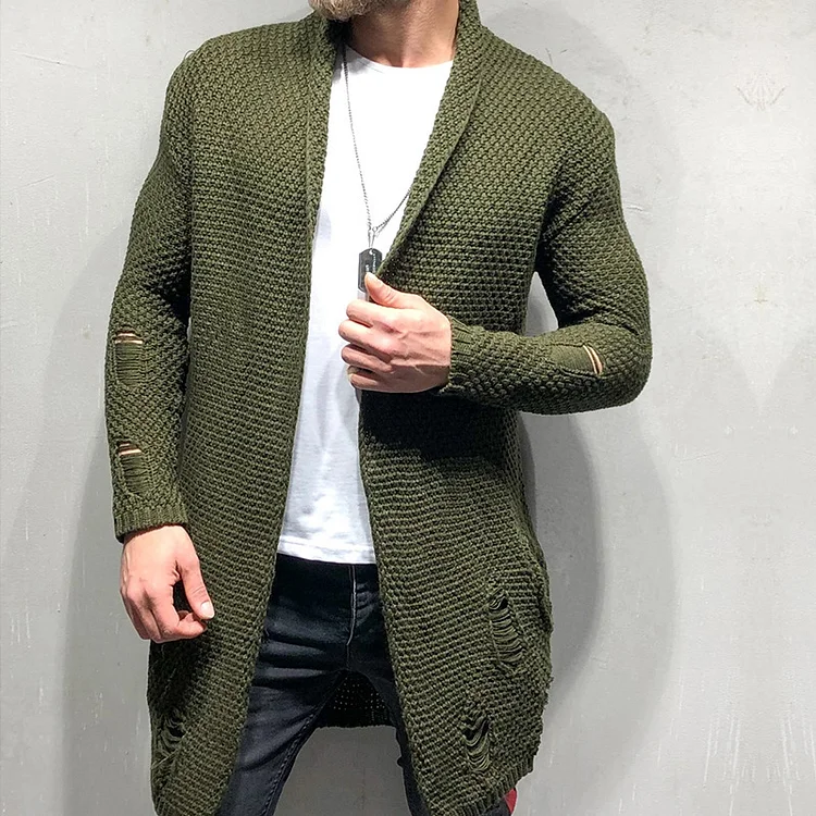 Casual Lapel Collar Ripped Detail Long Sleeve Cardigan Sweater Coat