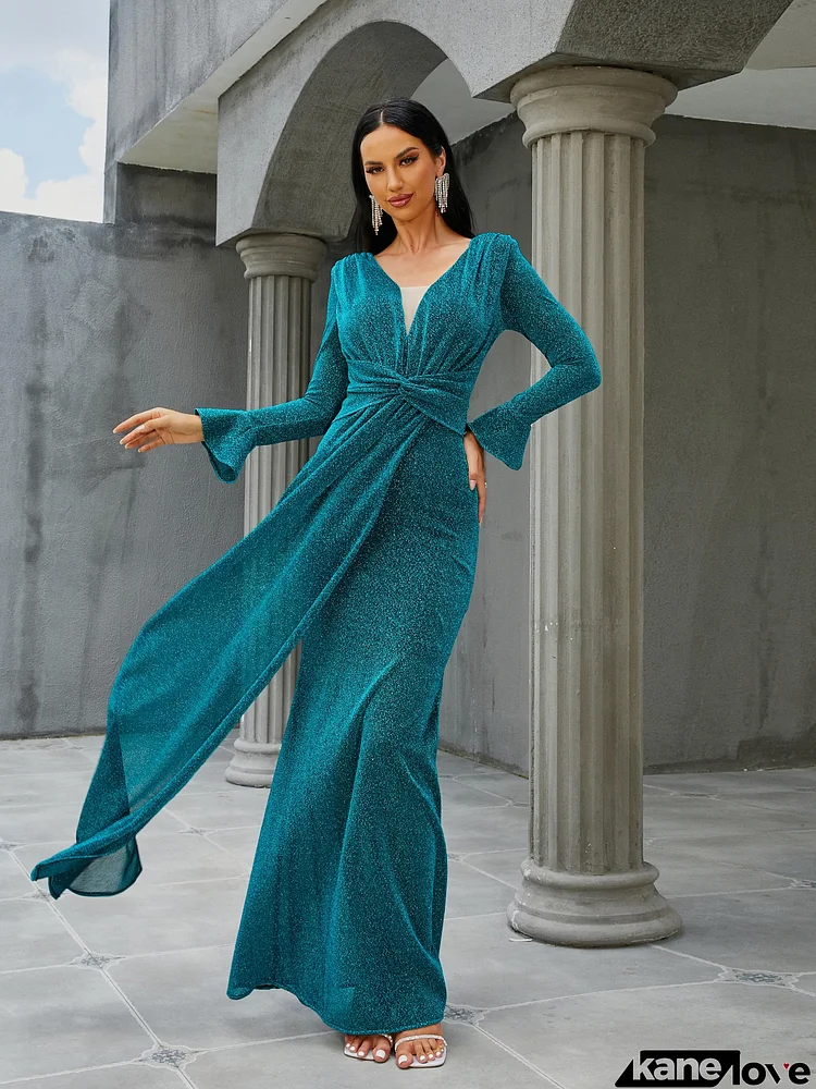 V-Neck Long Sleeve Draped Maxi Green Evening Dress RH30657