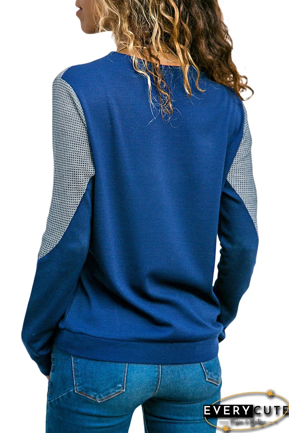 Dark Blue Color Block Round Collar Sweatshirt