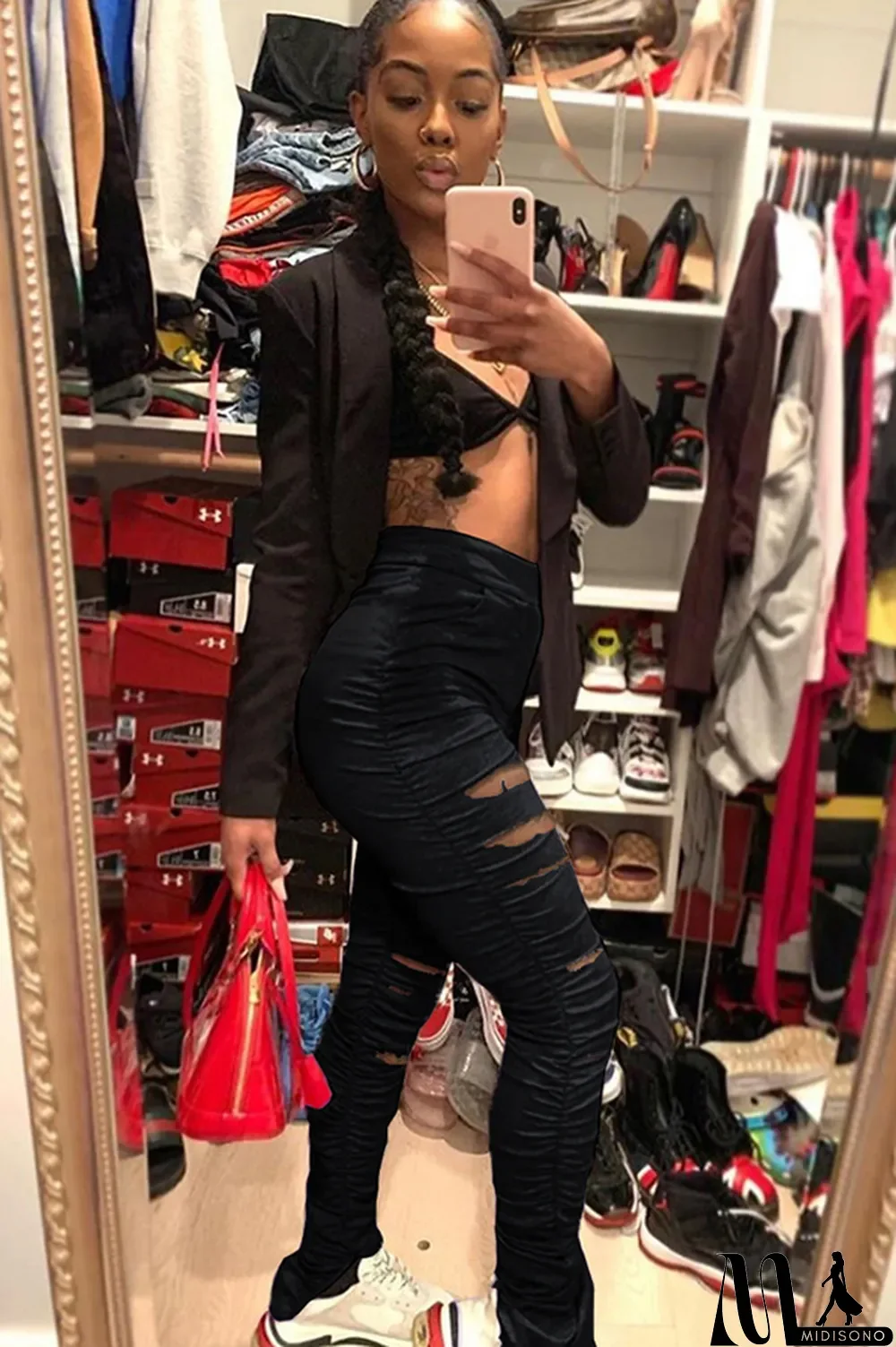 MidiSono - Black Polyester Drawstring Sleeveless Mid Patchwork Split Solid Hole Boot Cut Pants