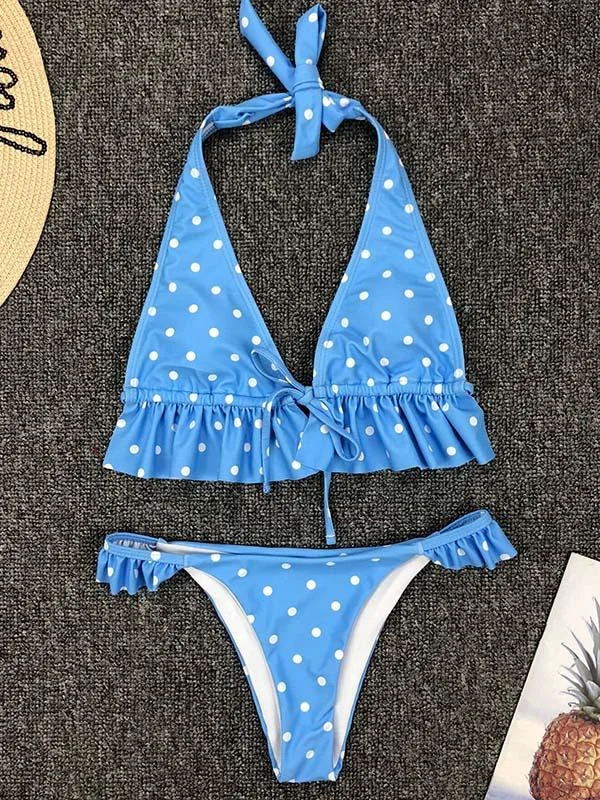 Polka-Dot Print Falbala Bandage Split Bikini Swimsuit